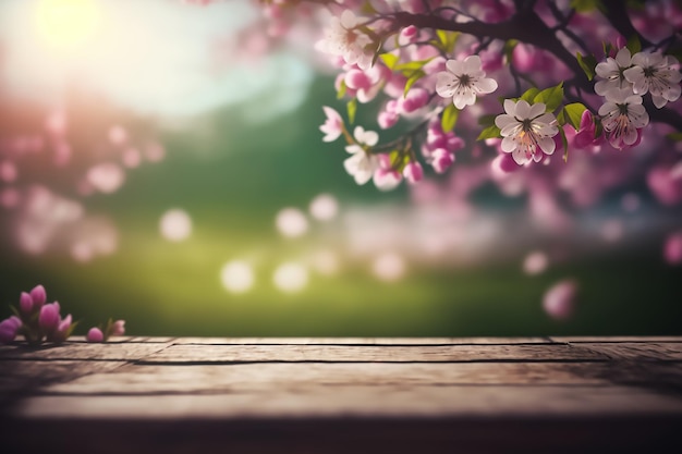 Una mesa de madera con un cerezo en flor al fondo