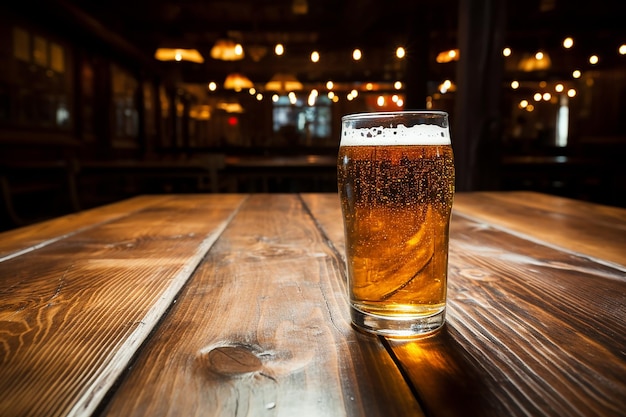 Mesa de madera con cerveza ligera en vaso