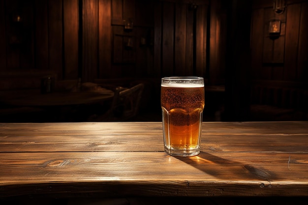 Mesa de madera con cerveza ligera en vaso