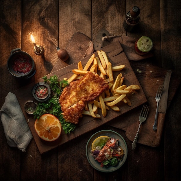 Una mesa de madera con una cesta de pescado y patatas fritas.