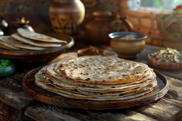 Foto la mesa de madera de chapati roti con pan fresco