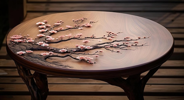mesa de madera china con un cerezo en flor al estilo de paisajes relajantes