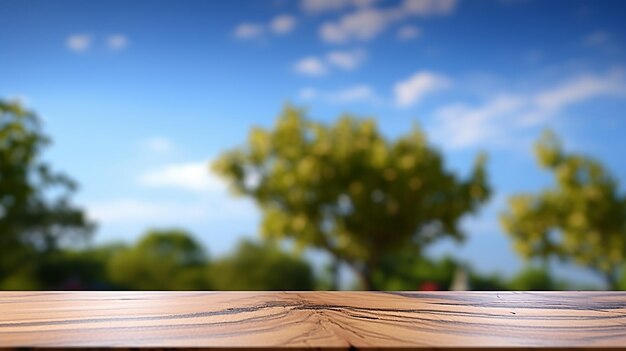 Foto mesa de madera con cielo borroso y árboles