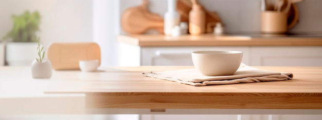 Mesa de madera clara en el fondo de una cocina borrosa cocina blanca IA generativa