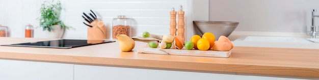 Mesa de madera clara en el fondo de una cocina borrosa cocina blanca IA generativa