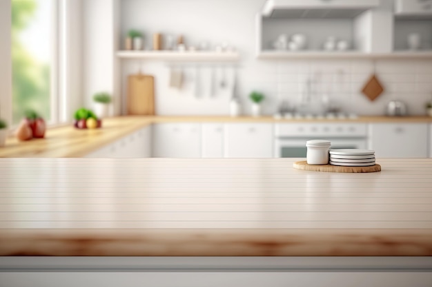 Mesa de madera clara sobre fondo de cocina borroso Maqueta de mesa de madera moderna para exhibición de productos de montaje Ilustración generativa de IA