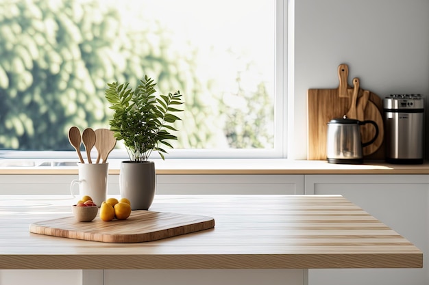 Mesa de madera clara vacía en el interior de la cocina moderna