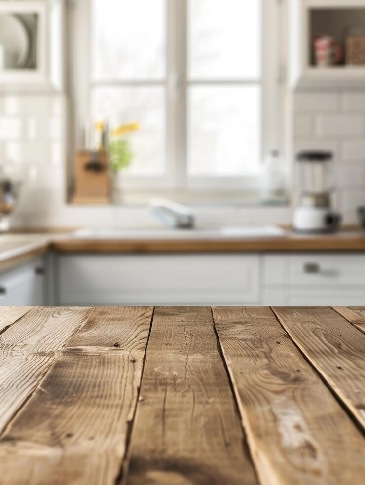 Una mesa de madera en una cocina acogedora con una ventana que muestra el paisaje al aire libre