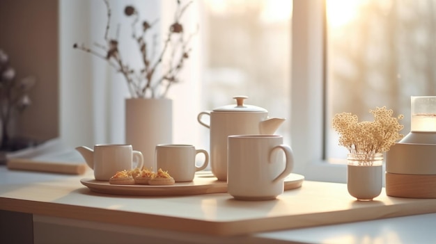 Mesa de madera de cocina con desayuno a la hora de la mañana IA generativa