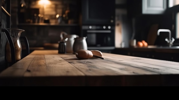 Una mesa de madera en una cocina con una estufa negra y un letrero blanco que dice "cocina"