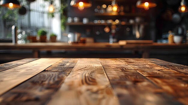 Una mesa de madera en una cocina con un fondo borroso