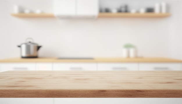Una mesa de madera en una cocina con un fondo borroso