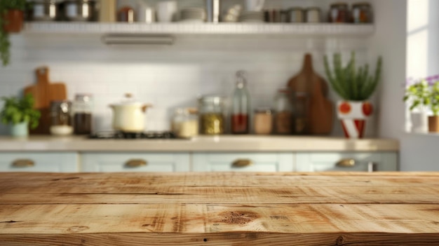 Mesa de madera en una cocina con un fondo de luz blanca borrosa diseñada para productos alimenticios modernos