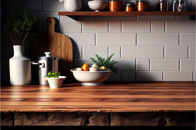 Mesa de madera en una cocina con herramientas culinarias e ingredientes para la preparación de alimentos