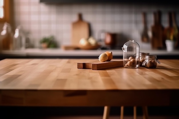 Mesa de madera en una cocina luminosa, primer plano, espacio de luz natural para el diseño. IA generativa