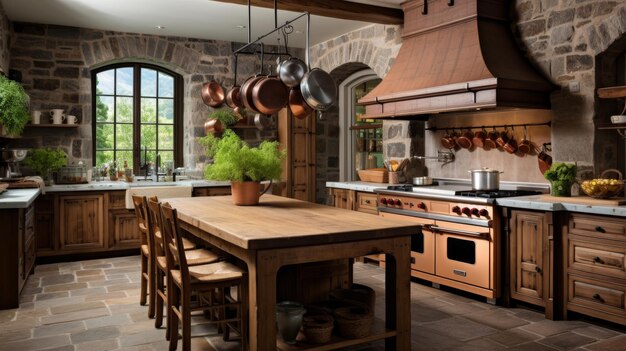 Una mesa de madera en una cocina rodeada de ollas y sartenes