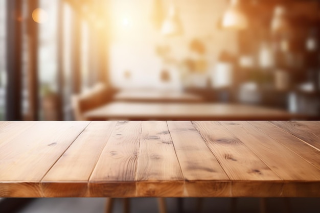 Mesa de madera en la cocina sobre un fondo borroso