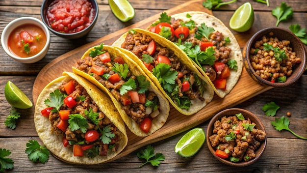 una mesa de madera con comida y una variedad de tacos