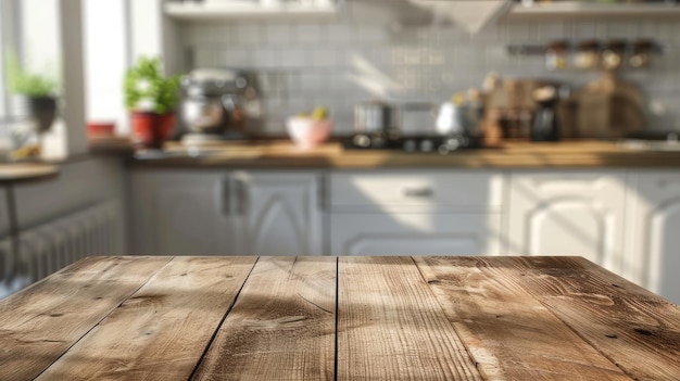 Una mesa de madera complementa un mostrador de cocina borroso creando un aspecto visualmente atractivo y