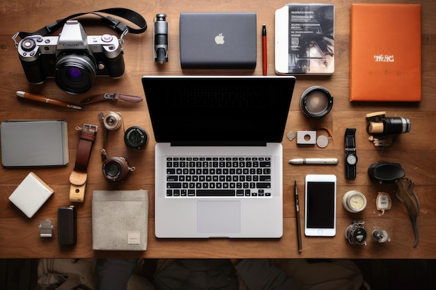 Mesa de madera con computadora portátil para productividad y trabajo desde casa Diseño plano de un escritorio de fotógrafo con una cámara portátil y accesorios generados por IA