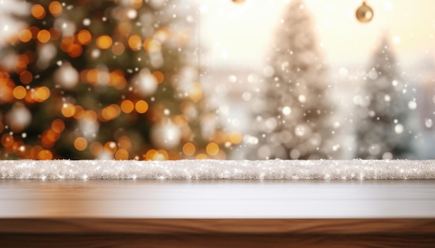 Mesa de madera contra el árbol de Navidad desenfocado con luces y copos de nieve