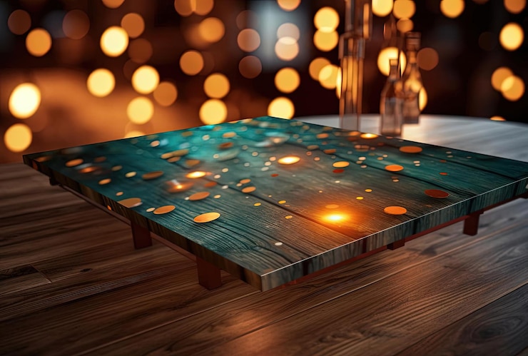 Foto mesa de madera contra el bokeh nocturno al estilo de verde azulado claro y ámbar