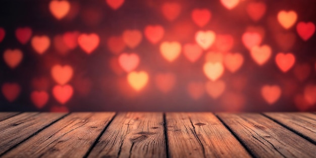 Mesa de madera contra luz borrosa en forma de corazón Bokeh Fondo para temas románticos