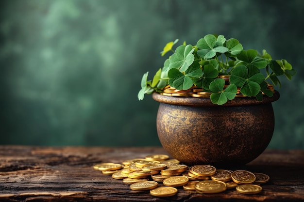 En una mesa de madera contra un telón de fondo verde una olla de monedas de oro y trébol para el día de San Patricio