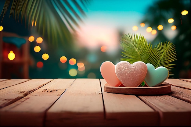 Mesa de madera con corazones contra el fondo de una palmera Concepto de San Valentín IA generativa