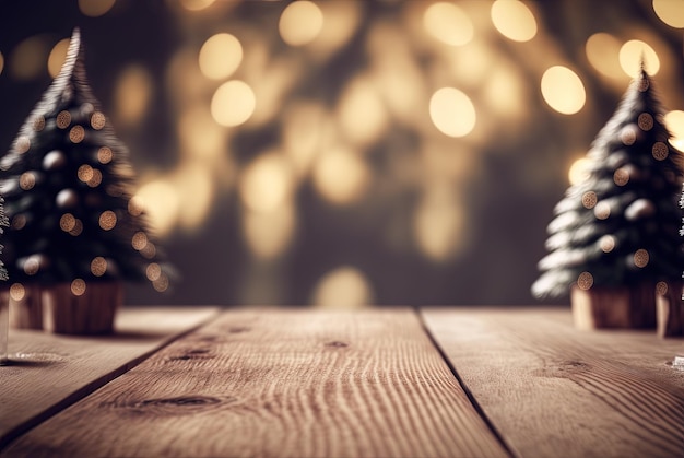 Una mesa de madera coronada con dos pequeños árboles de navidad AI generativa