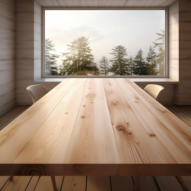 Una mesa de madera con cuatro luces colgando de ella