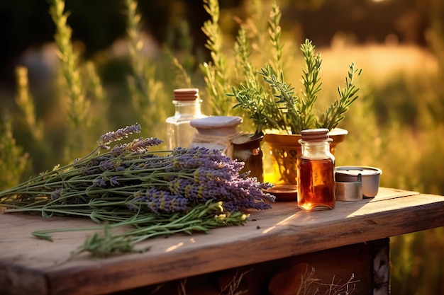 Una mesa de madera cubierta con botellas y flores Imagen generativa de IA