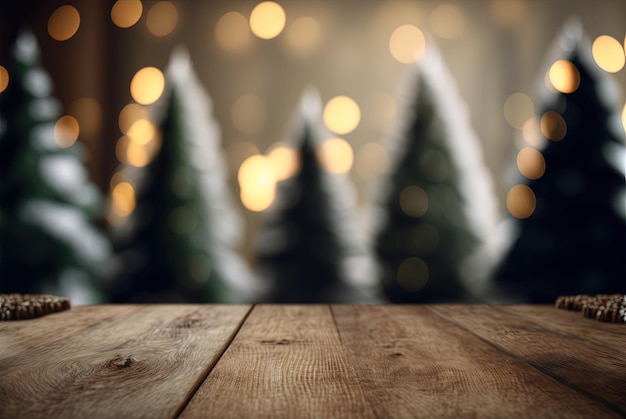 Una mesa de madera cubierta con galletas junto a árboles de navidad IA generativa