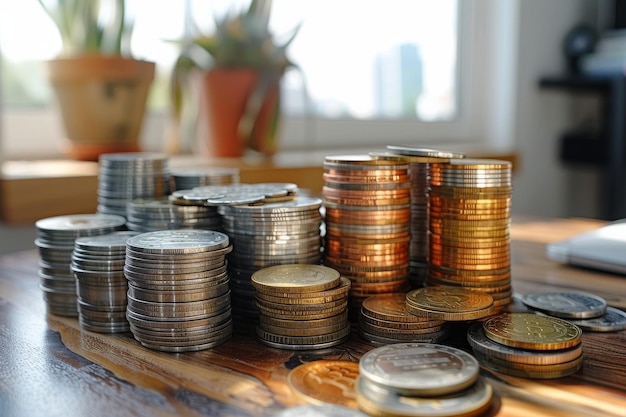 Mesa de madera cubierta de monedas