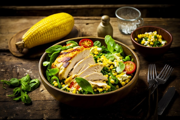 Mesa de madera cubierta con plato de ensalada junto a mazorca de maíz IA generativa