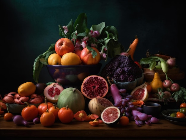 Una mesa de madera cubierta con un plato de frutas y verduras Imagen AI generativa