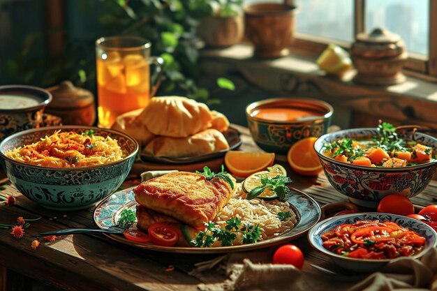 una mesa de madera cubierta con platos de comida