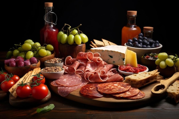 Foto mesa de madera cubierta con varios alimentos