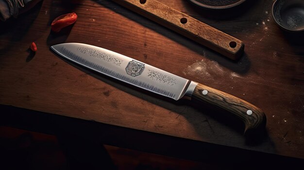 Una mesa de madera con cuchillo de chef.