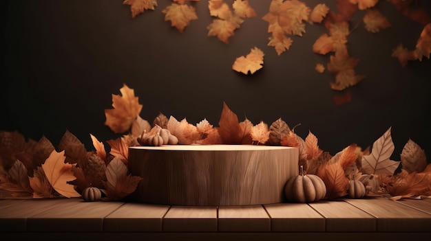 Una mesa de madera con un cuenco de madera frente a un fondo de otoño