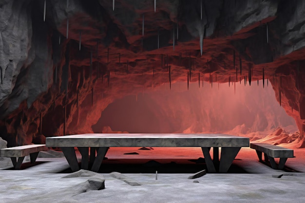 Foto una mesa de madera en una cueva con hielo