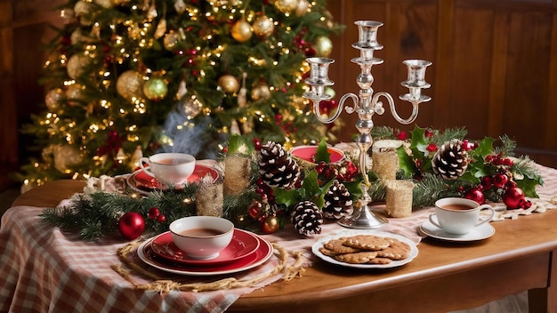 La mesa de madera con decoraciones navideñas