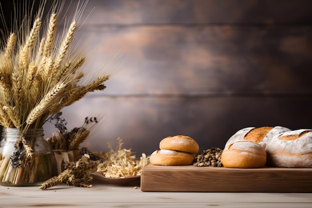 Mesa de madera decorada con harina y pan con tema de panadería