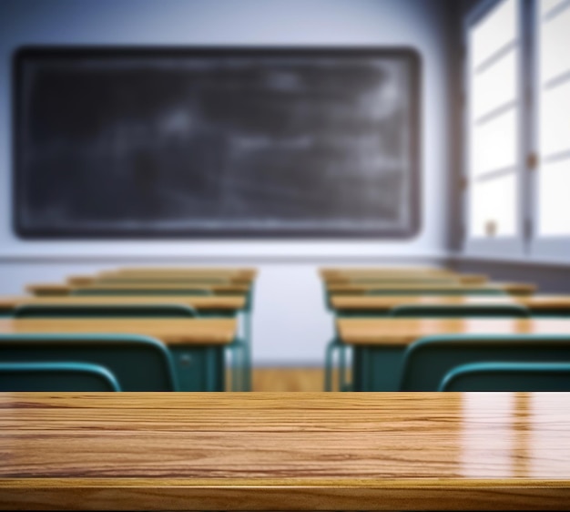 Mesa de madera delantera vacía con sala de clase vacía borrosa