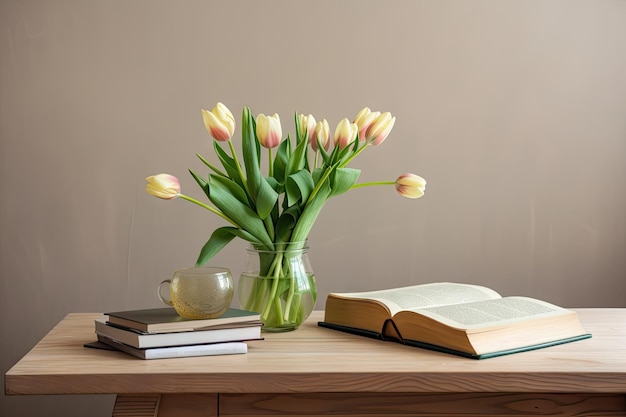 Mesa de madera con delicados tulipanes primaverales en un jarrón y libros al costado