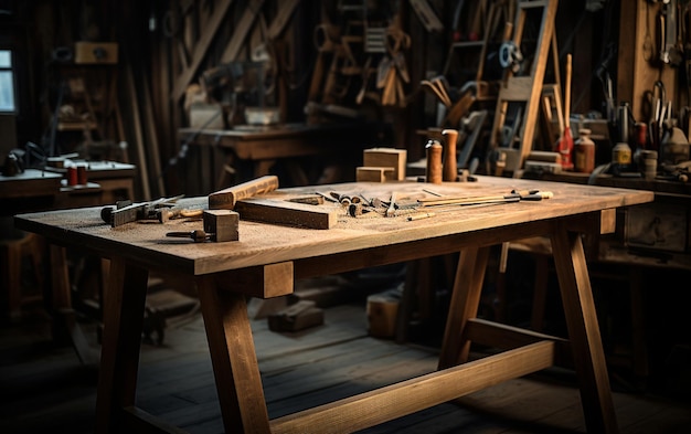 Foto mesa de madera dentro del taller con herramientas