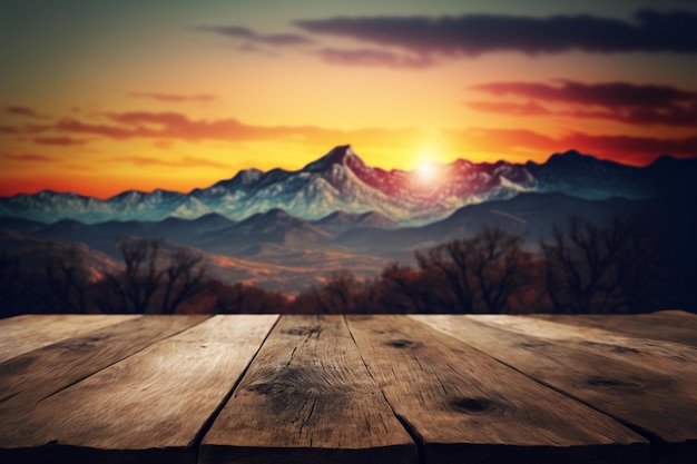 Mesa de madera y desenfoque de belleza, cielo al atardecer y montañas como fondo