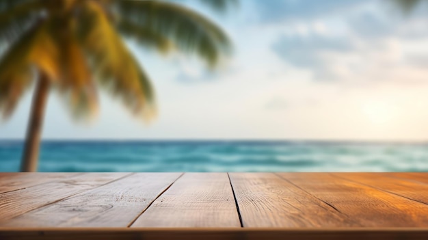 Mesa de madera con desenfoque bokeh luz mar y cielo en la playa Verano la temporada más calurosa IA generativa