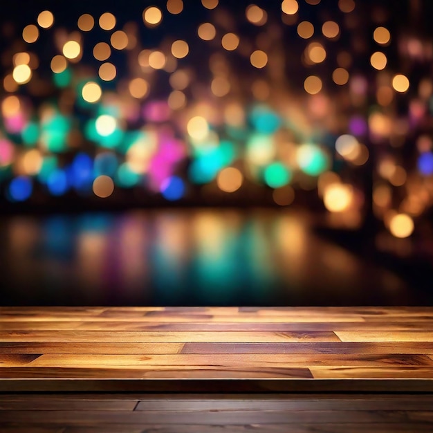 Foto mesa de madera con desenfoque de fondo bokeh de luz nocturna abstracta generado por ia