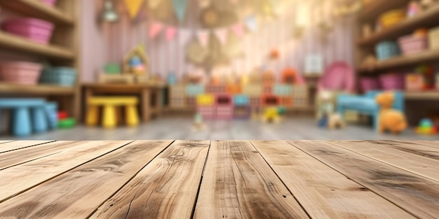 Una mesa de madera desnuda exhibida en una sala de juegos infantil con una disposición de juguetes